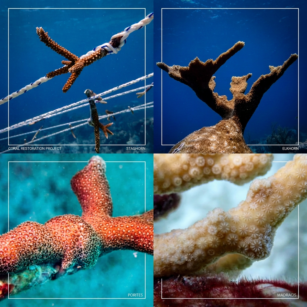 Collage of different types of coral with a blue ocean background.