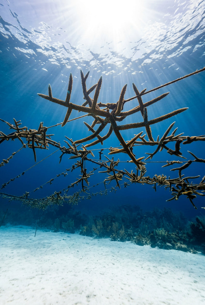 Underwater photograph of a rope sculpture on an ocean floor, with sunlight filtering through the water surface above.