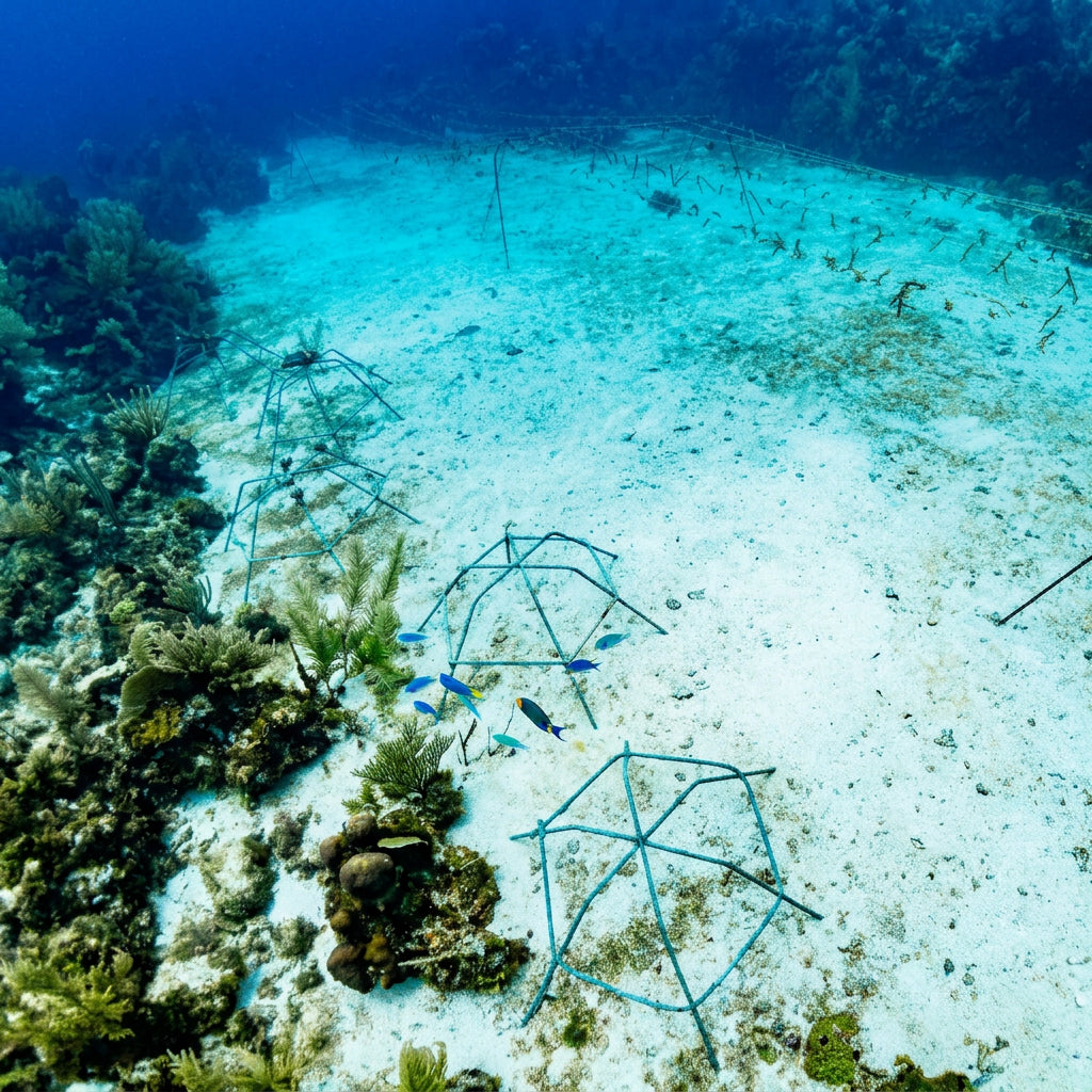 Underwater photograph of a sandy seabed with several blue geometric cage structures placed on the ocean floor, alongside coral and marine vegetation. 