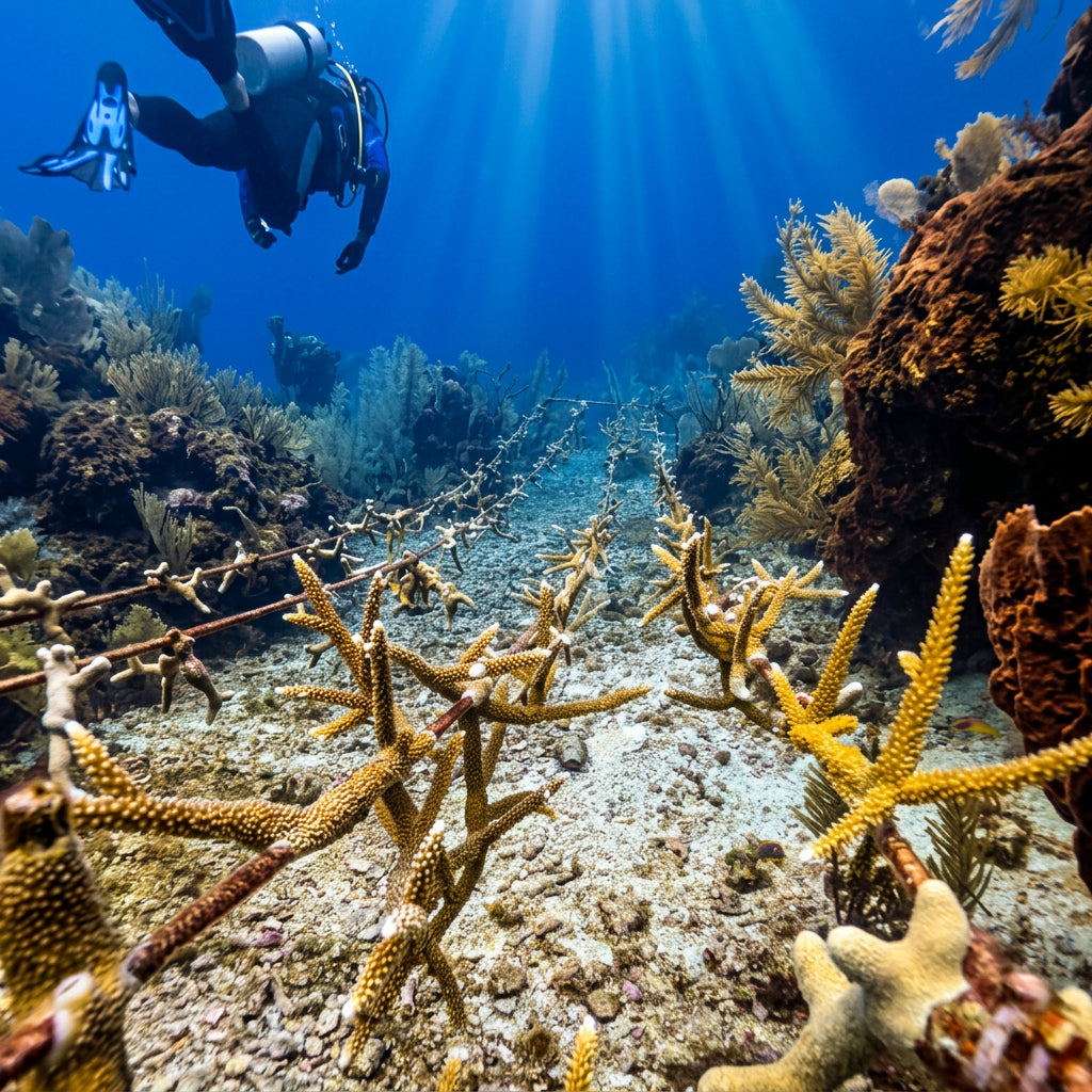 Underwater coral reef scene with a diver swimming in blue water above branching yellow corals and sea urchins on a sandy seabed.