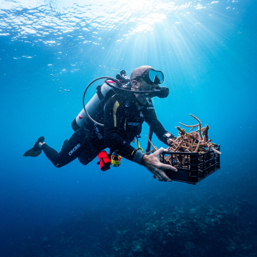 A scuba diver swims underwater while holding a black crate filled with dried coral or marine plant material against a deep blue ocean background.