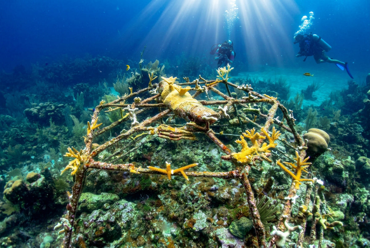 Underwater scene with coral structure and divers exploring a reef.